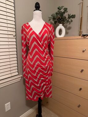 INC International Concepts Red and Light Gray Chevron Wrap Dress